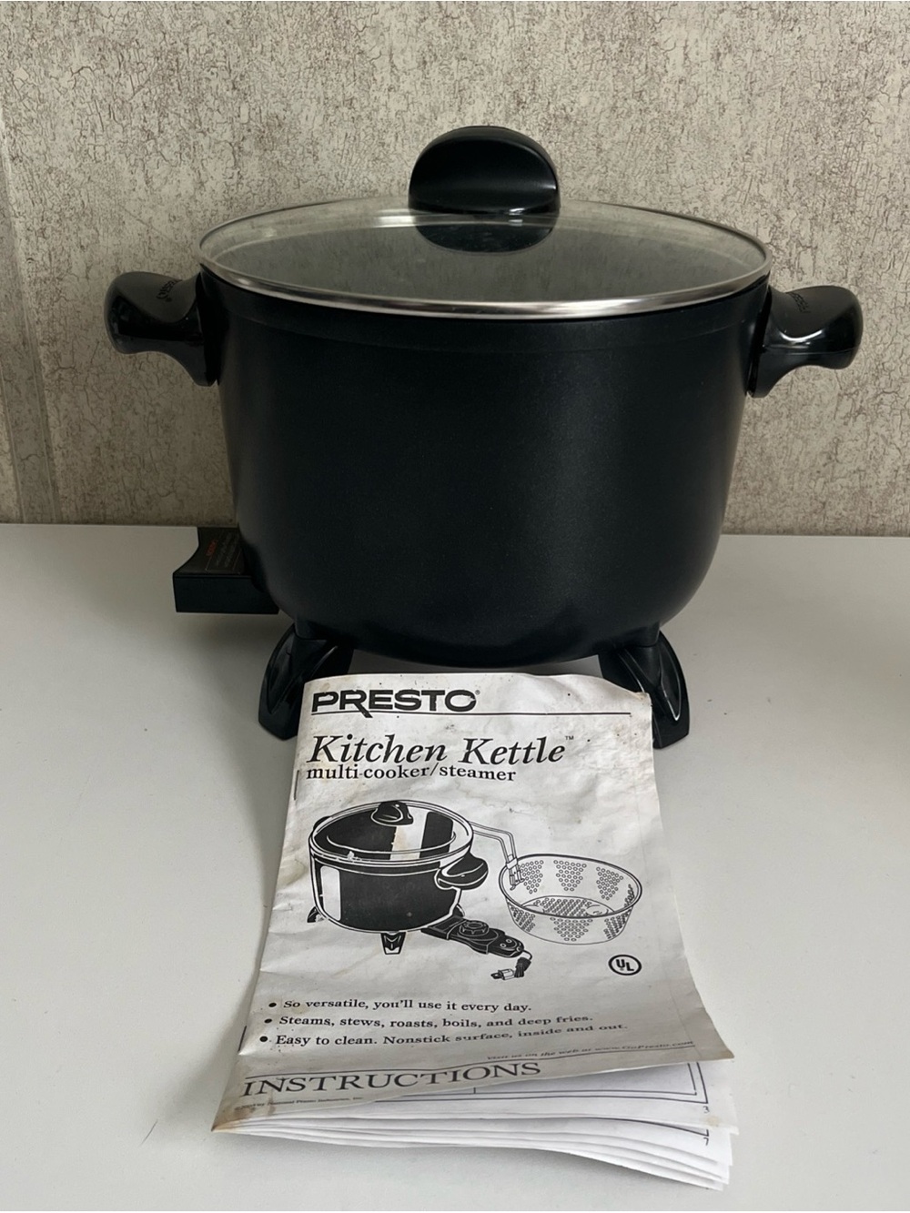 Presto Multi Cooker Steamer Deep Fry Black 6 Quart Glass lid New 0600010